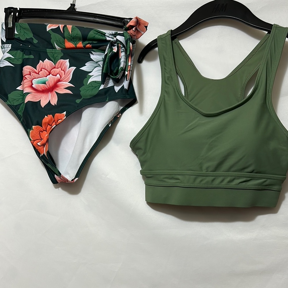 H&M Green Bikini Top and Floral High-Waist Bottom